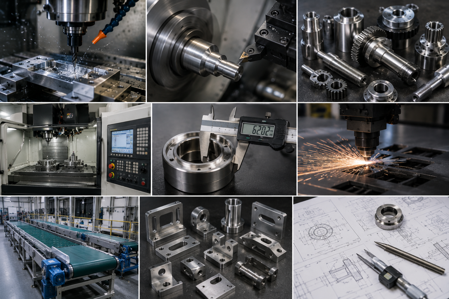 POPYLabs precision machining collage — CNC, lathe, gears, measurement